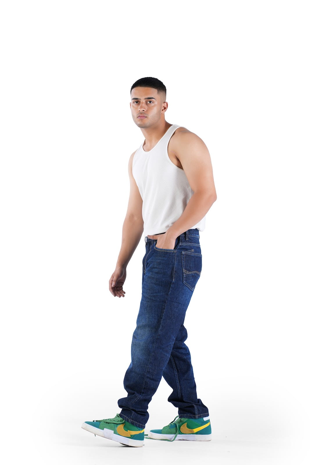 MENS INDIGO MID WASH BAGGY FIT JEANS