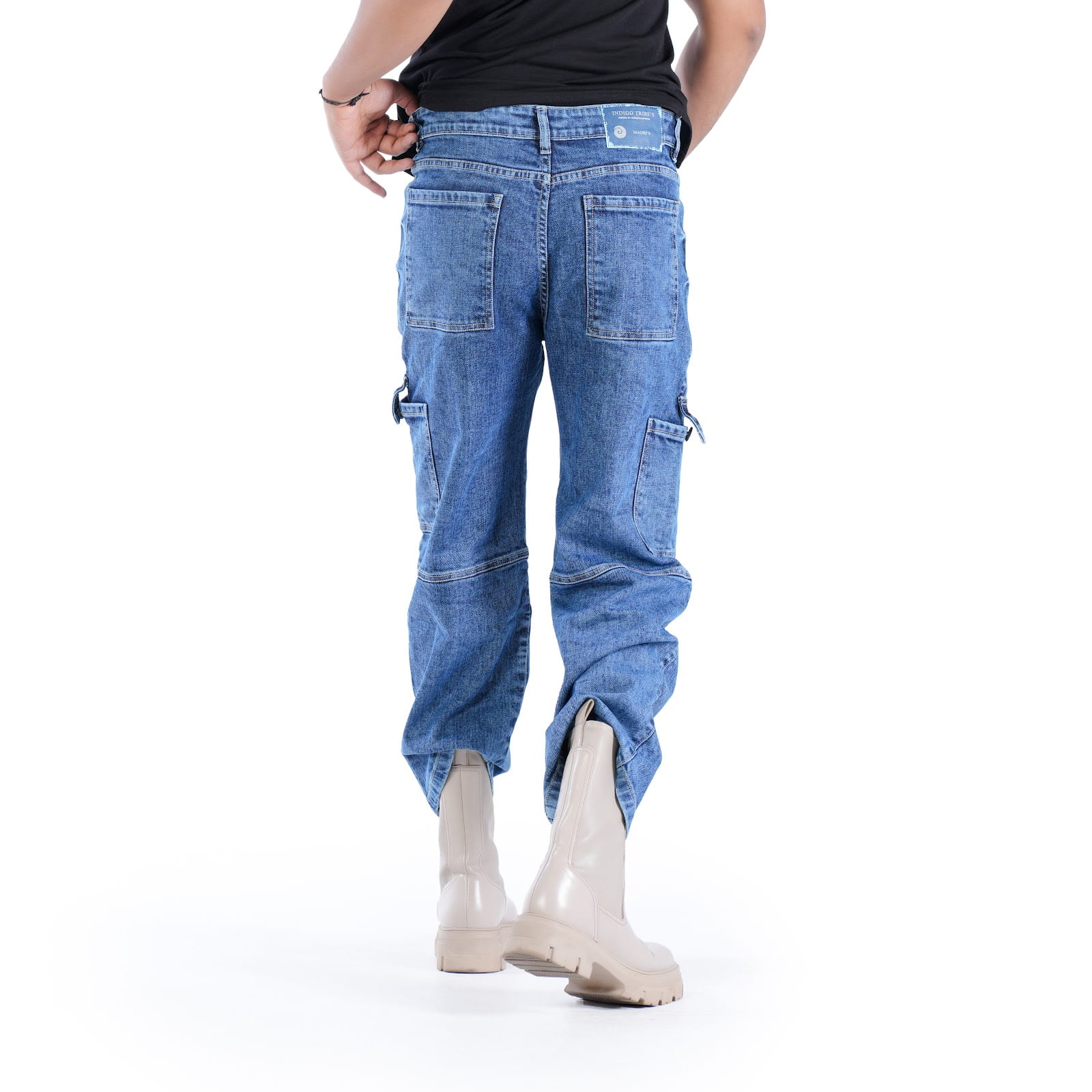 MENS INDIGO ACID WASH CARGO FIT JEANS
