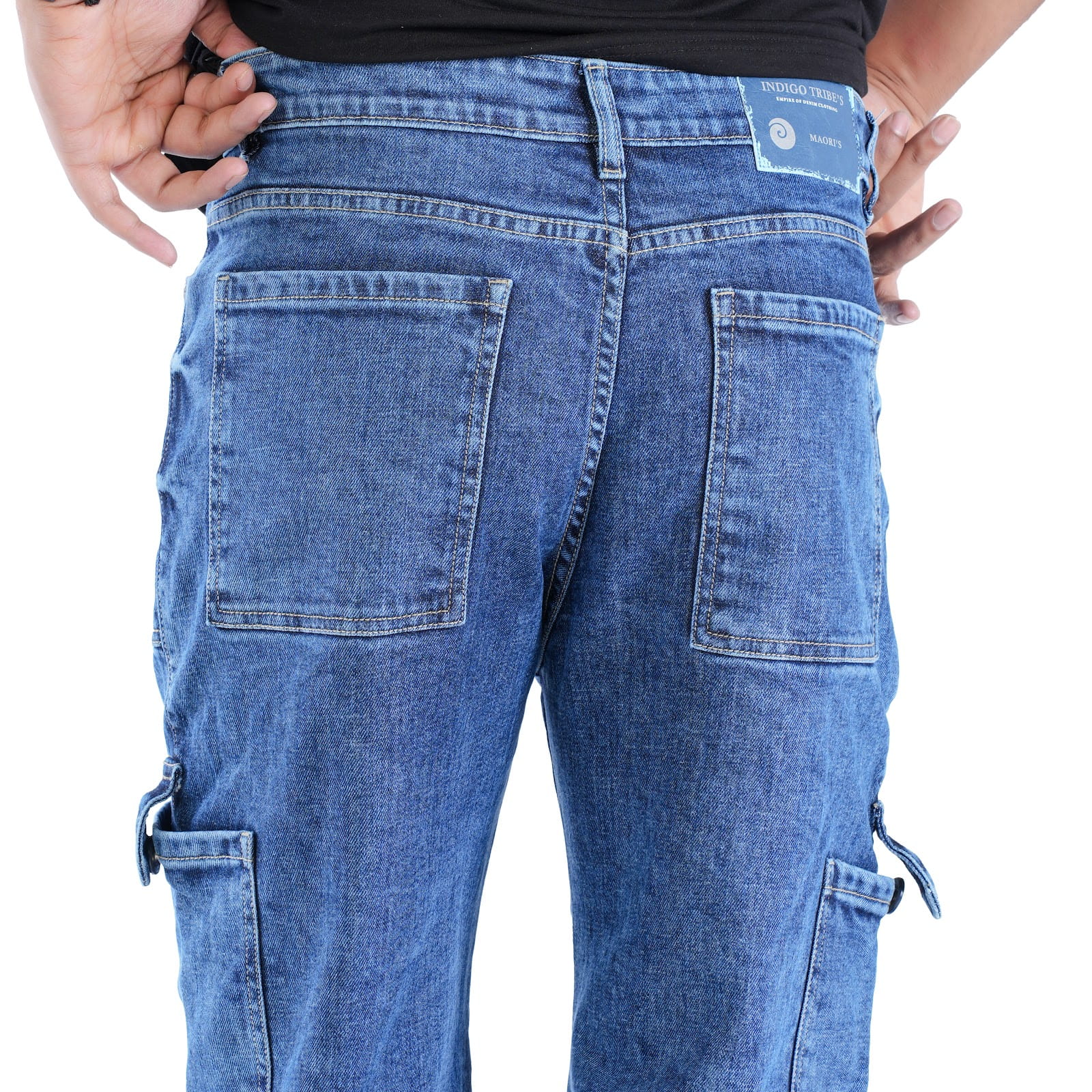 MENS INDIGO ACID WASH CARGO FIT JEANS