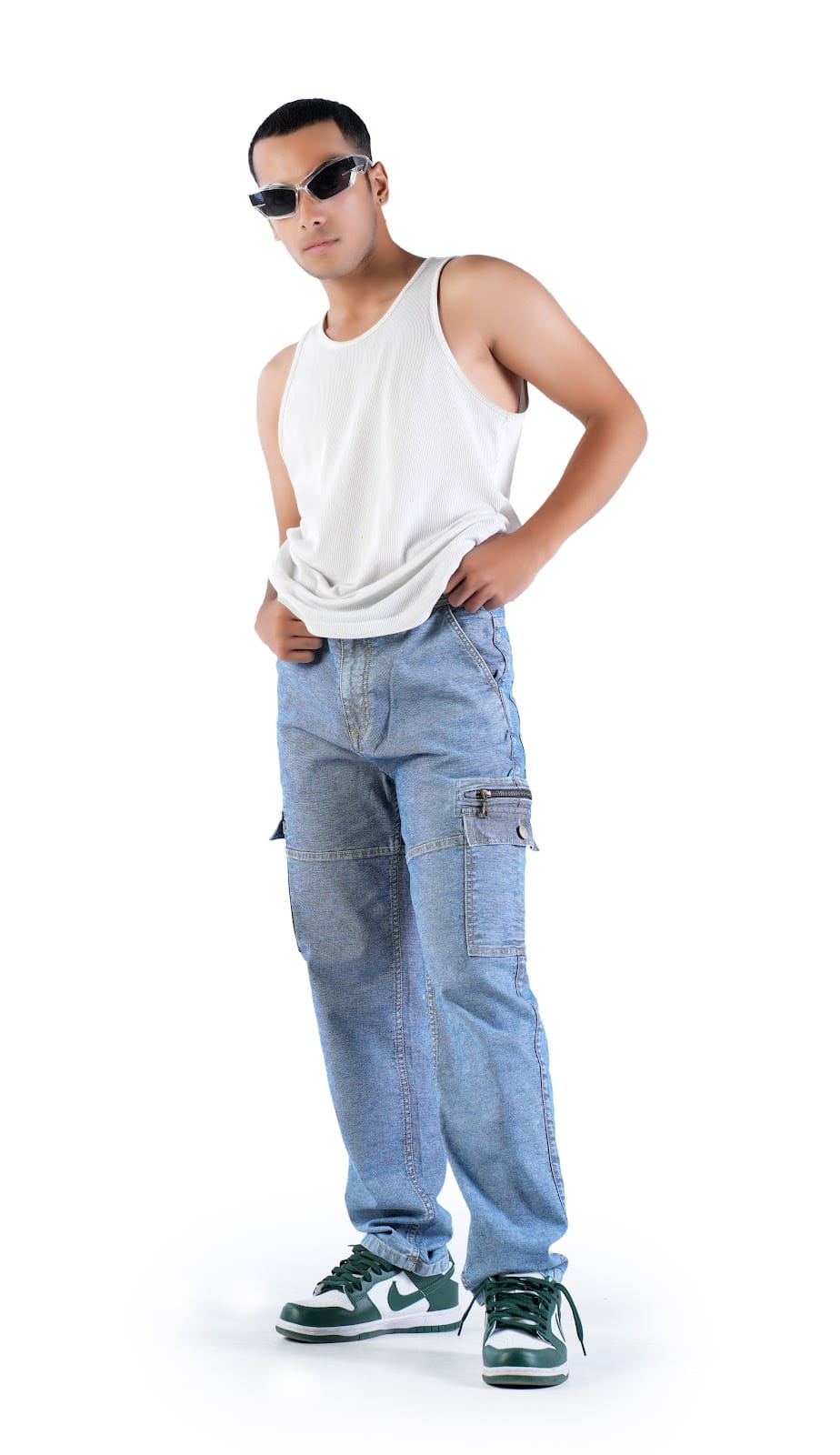 MENS INDIGO ACID WASH CARGO FIT JEANS