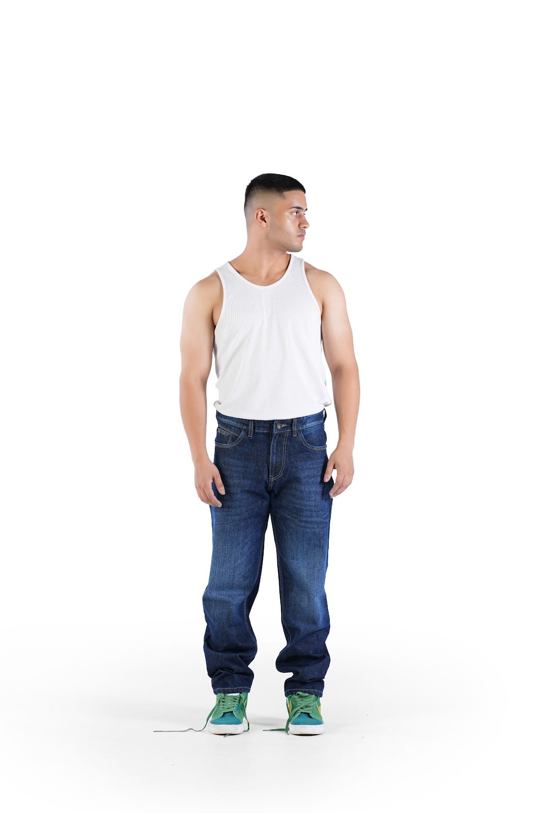 MENS INDIGO MID WASH BAGGY FIT JEANS