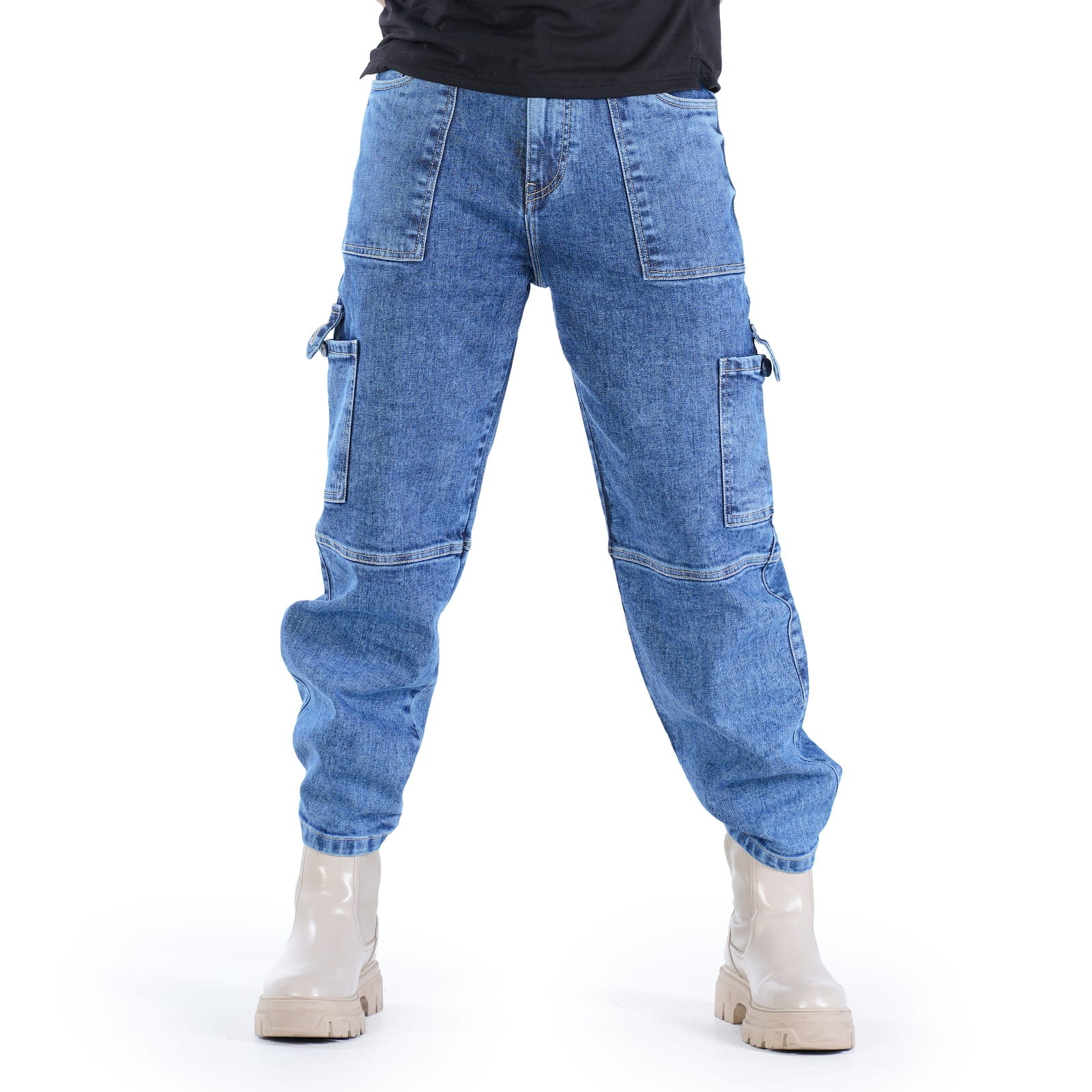 MENS INDIGO ACID WASH CARGO FIT JEANS