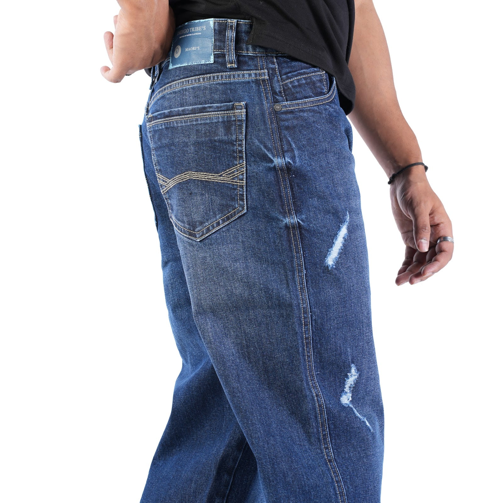 MENS DARK INDIGO RELAX FIT JEANS WITH DAMAGES