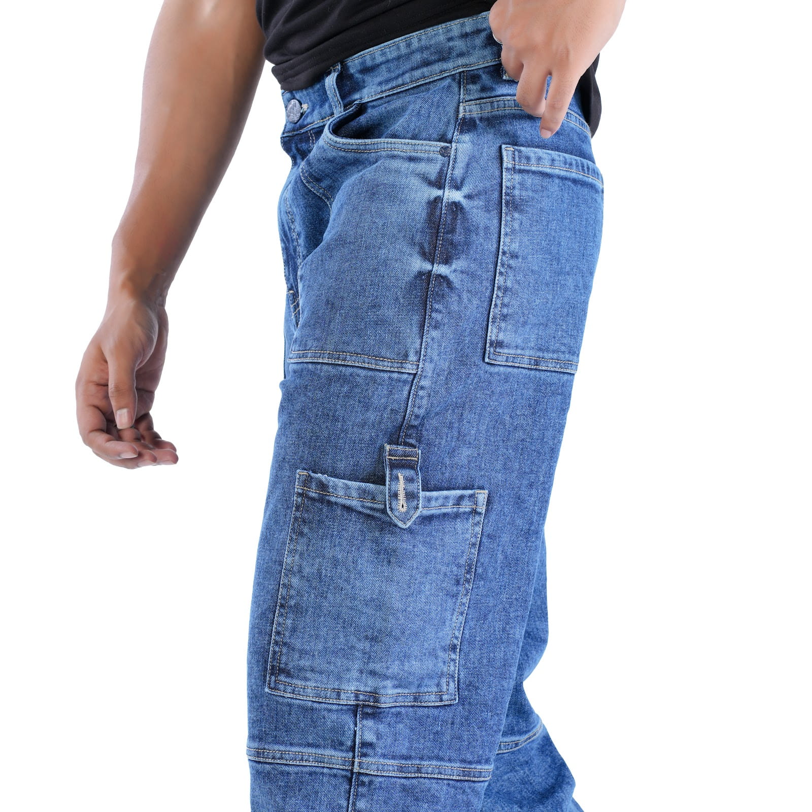 MENS INDIGO ACID WASH CARGO FIT JEANS