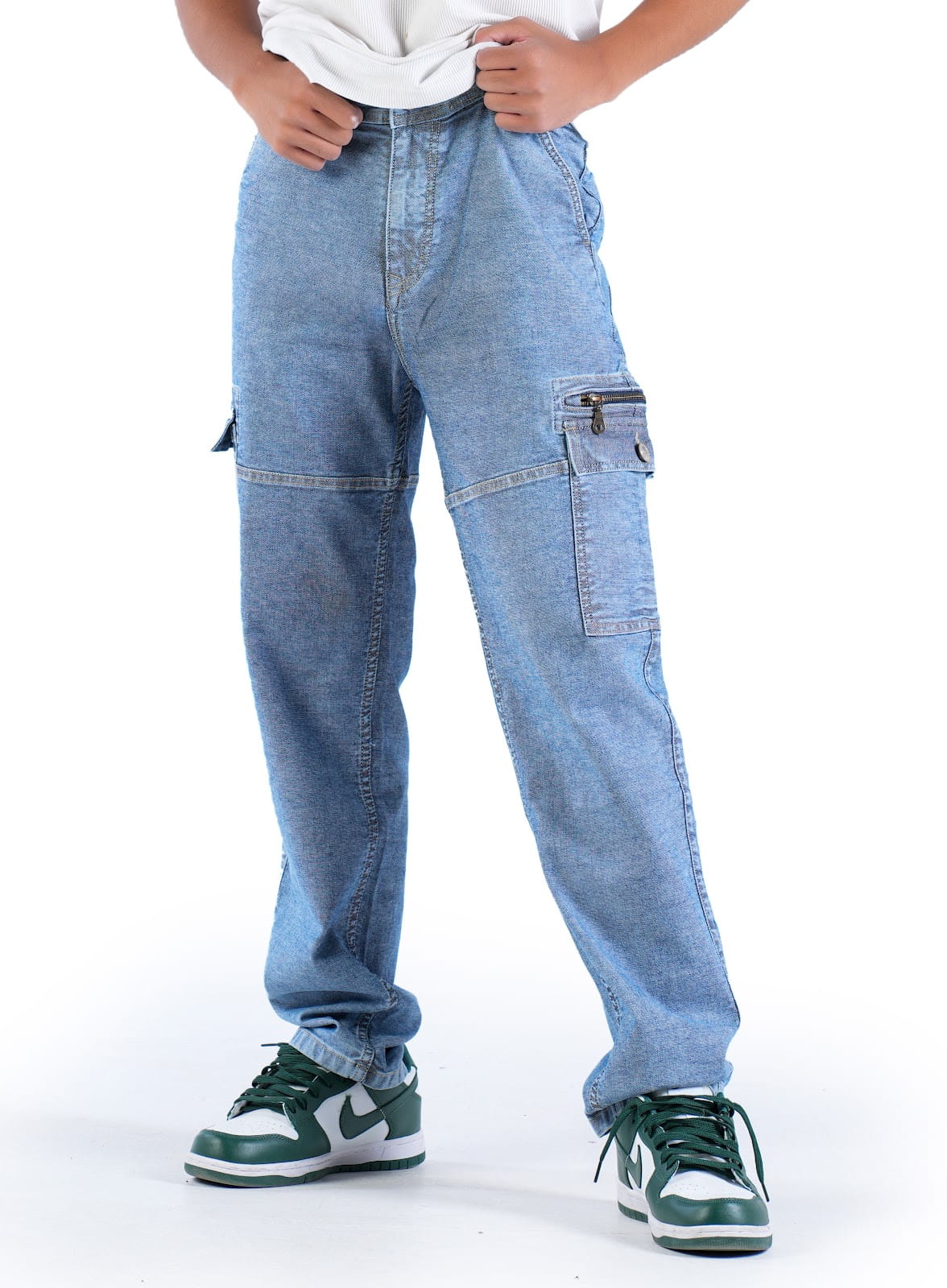 MENS INDIGO ACID WASH CARGO FIT JEANS
