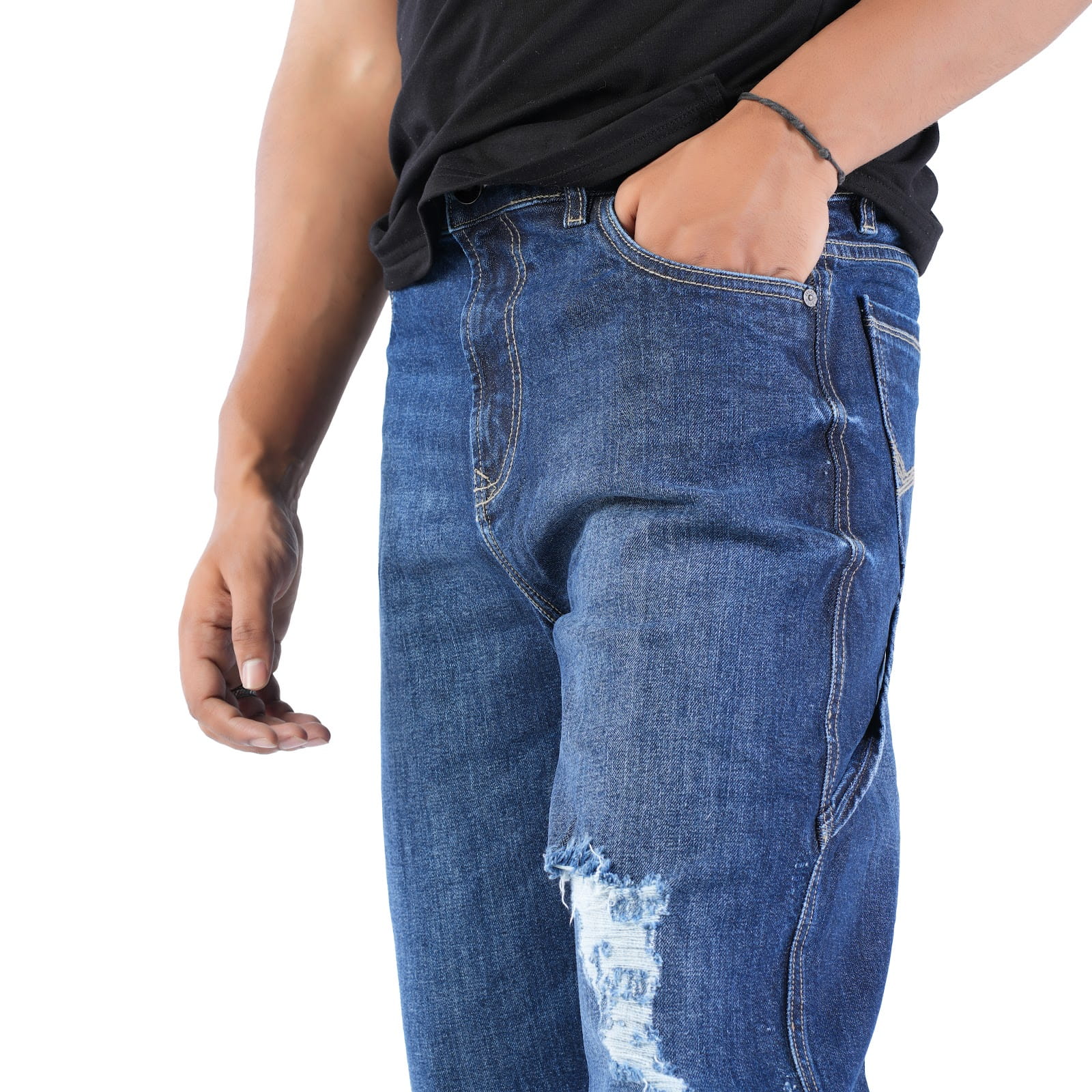 MENS DARK INDIGO RELAX FIT JEANS WITH DAMAGES