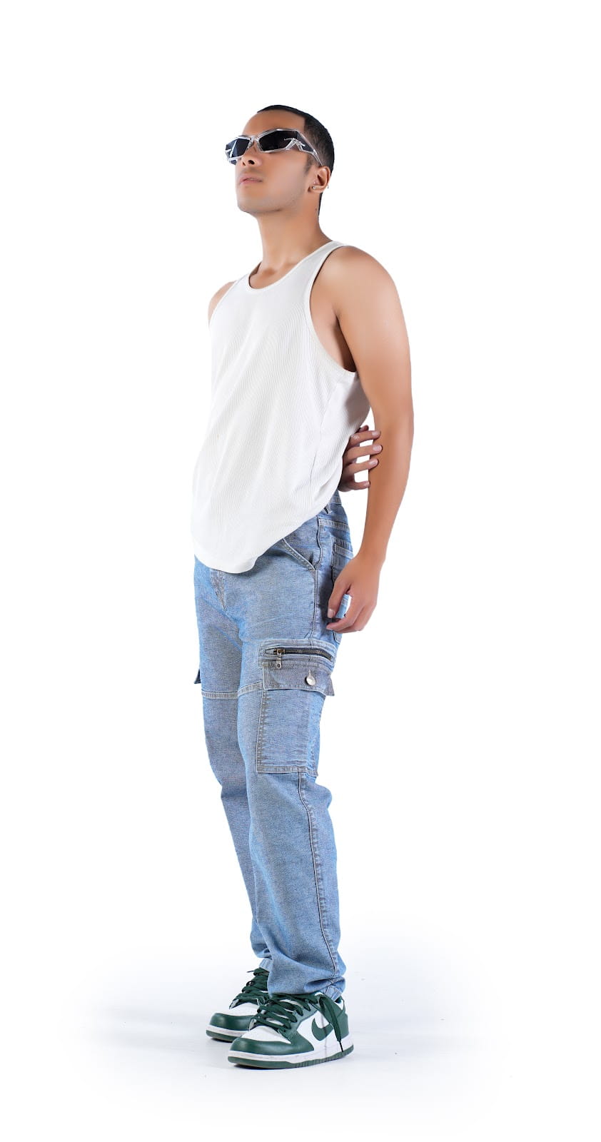 MENS INDIGO ACID WASH CARGO FIT JEANS