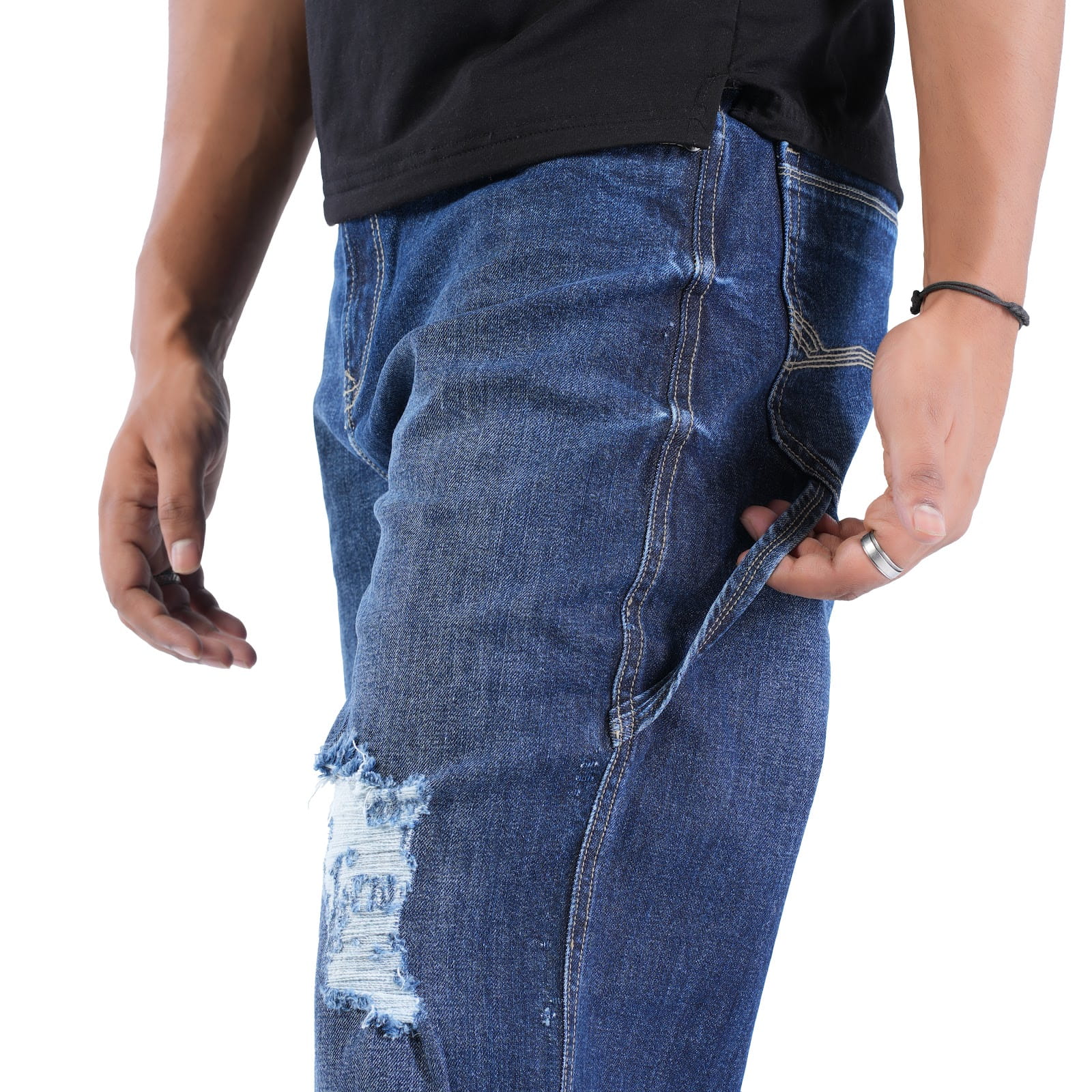 MENS DARK INDIGO RELAX FIT JEANS WITH DAMAGES