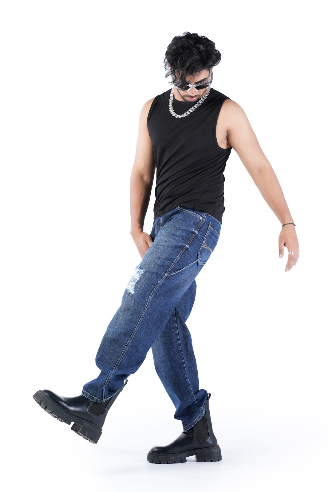 MENS DARK INDIGO RELAX FIT JEANS WITH DAMAGES