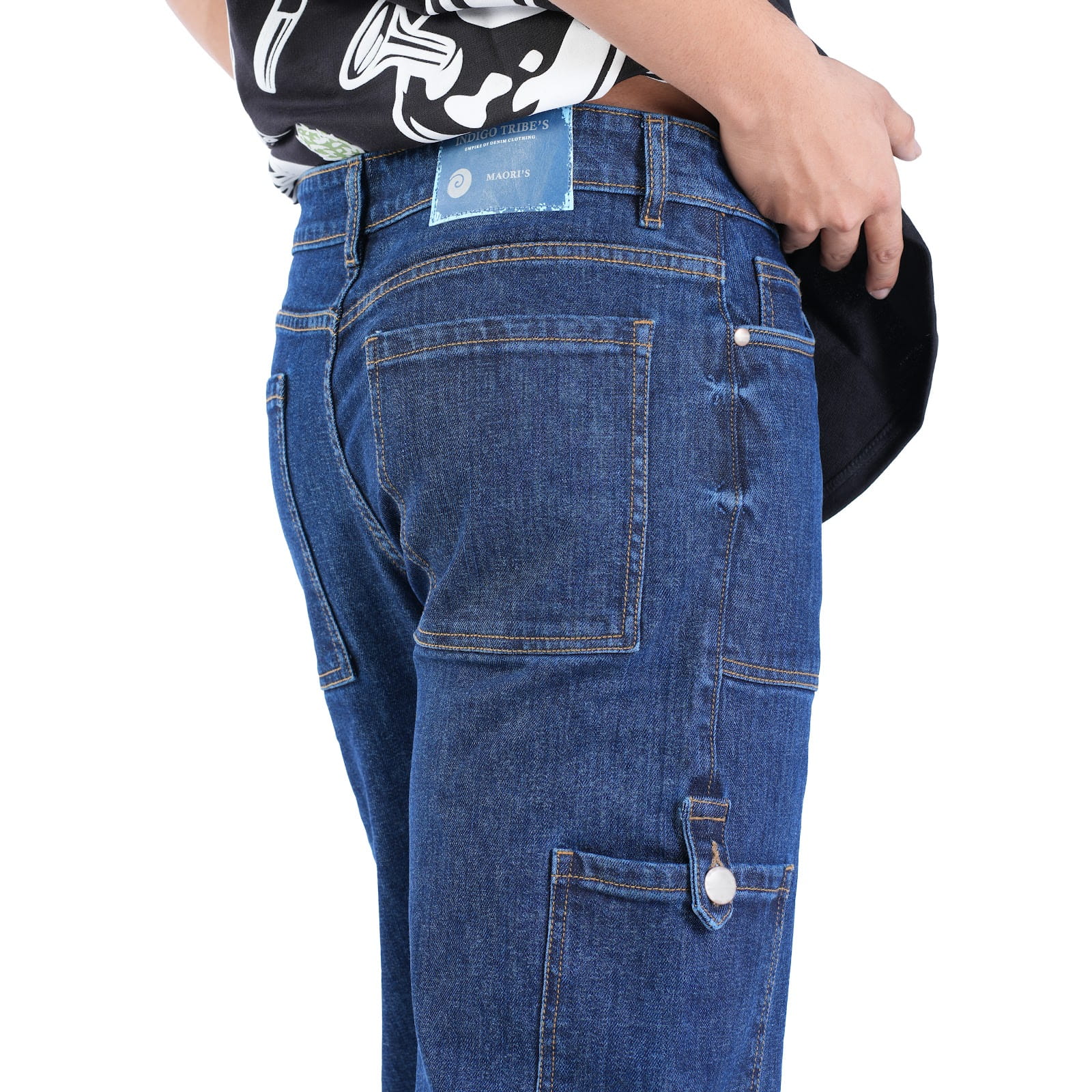 MENS INDIGO DARK WASH CARGO FIT JEANS