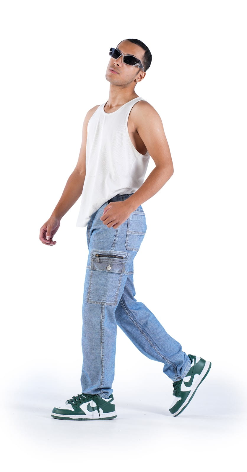 MENS INDIGO ACID WASH CARGO FIT JEANS