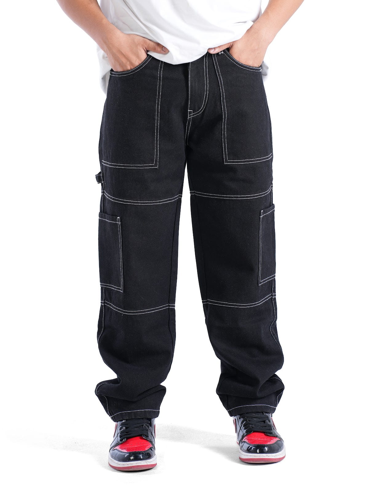 MENS STAY BLACK WITH CONTRAST WHITE STITCHES